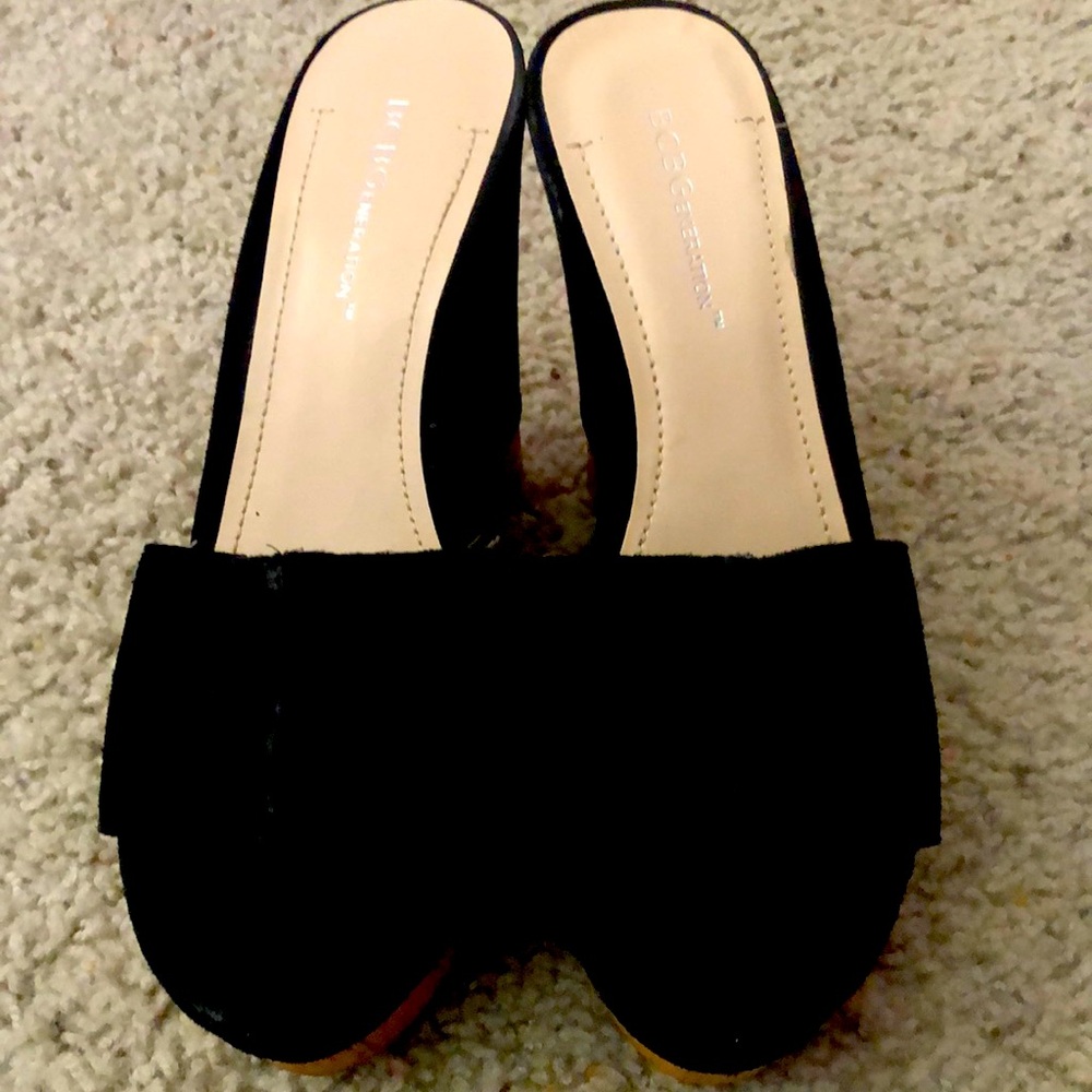BCBG Generation Black Wedge Open Toe Heels